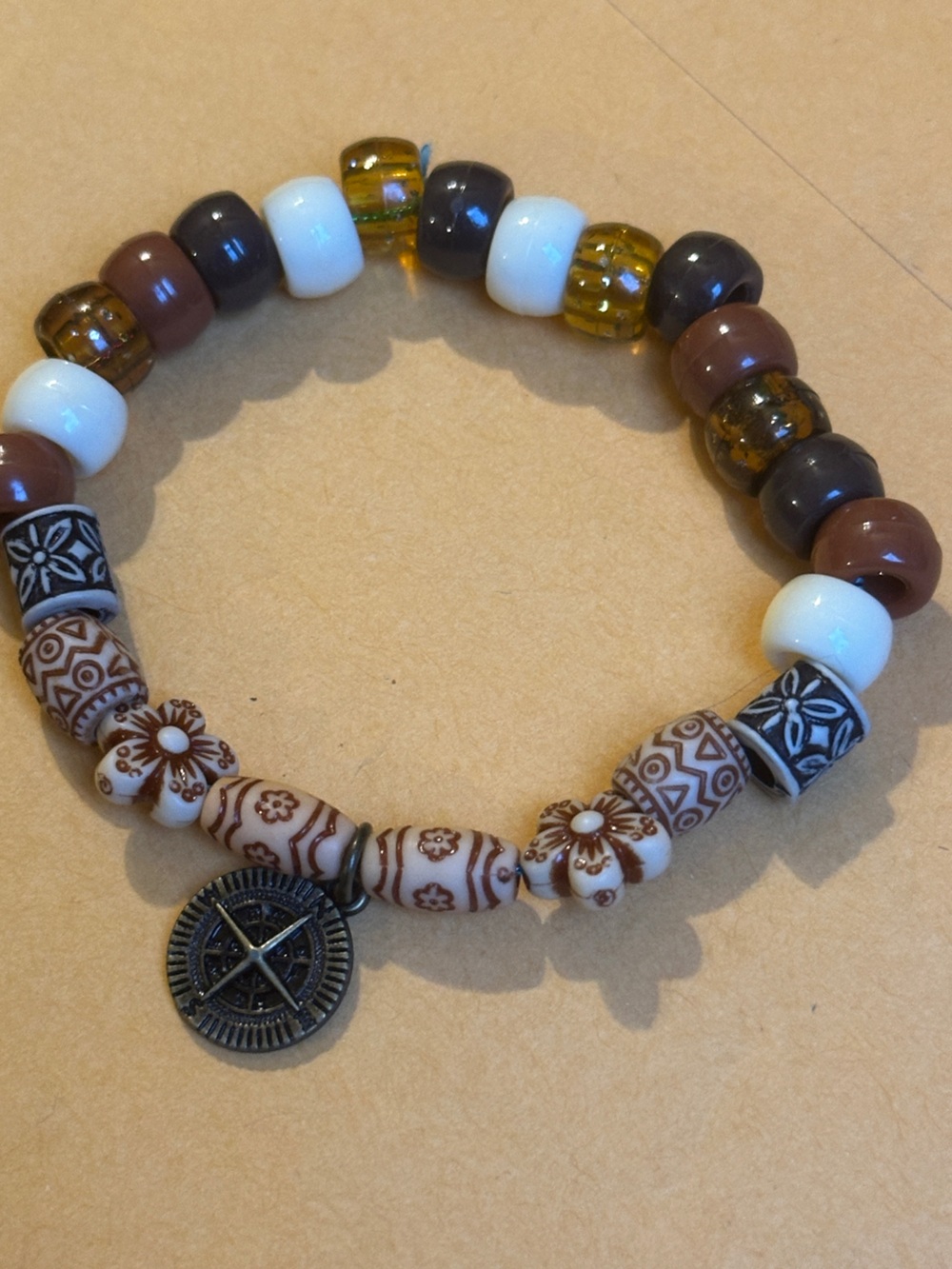 Beaded Brown & White Floral Charm Bracelet Compass Stretchy Boho Hippie
